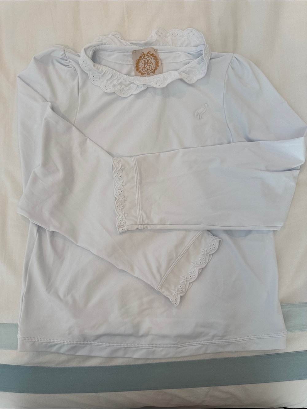 Girls White Long-Sleeve Rash Guard Swim Top with Eyelet Trim